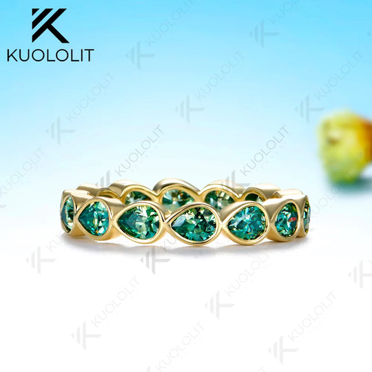 Kuololit 4.2CTW Cyan Moissanite Custom Band for Women Solid 14K 10K  Yellow Gold Pear Cut Engagement Ring for Christmas Gifts