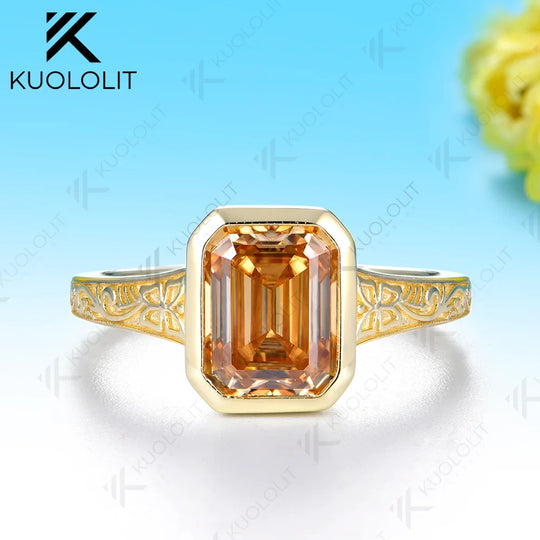 Kuololit 3CT Champagne Moissanite Ring for Women Solid 14K 10K 585 Yellow Gold Engagement Ring for Christmas Party Anniversary