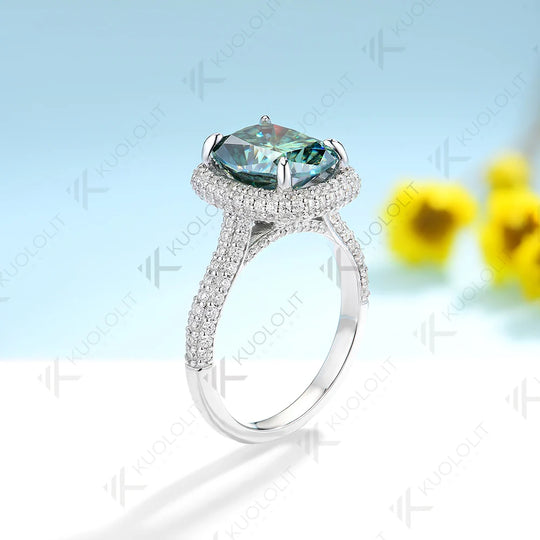 Kuololit 4.5ct Cushion Cyan Moissanite Engagement Ring for Women Solid 18K 14K 10K 585 Gold 3 Links Stone Ring for Christmas