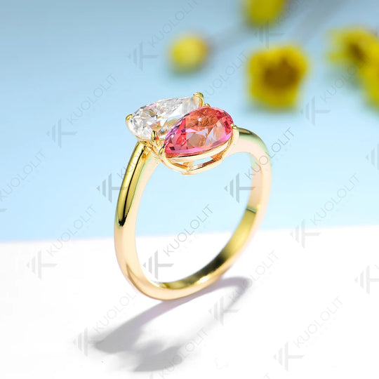 Kuololit 1.5CT Padparadscha Moissanite Engagement Ring for Women Solid 14K 10K 585 Yellow Gold Two Gemstone Ring for Christmas