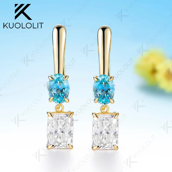 Kuololit 7CTW Paraiba Moissanite Custom Earrings for Women Solid 14K 10K585 Yellow Gold Hoop Earrings for Christmas Gifts Party