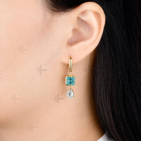 Kuololit 6.5CTW Cyan Moissanite Pear Asscher Cut Custom Earrings for Women Solid 14K 10K Yellow Gold Hoop Earrings for Christmas