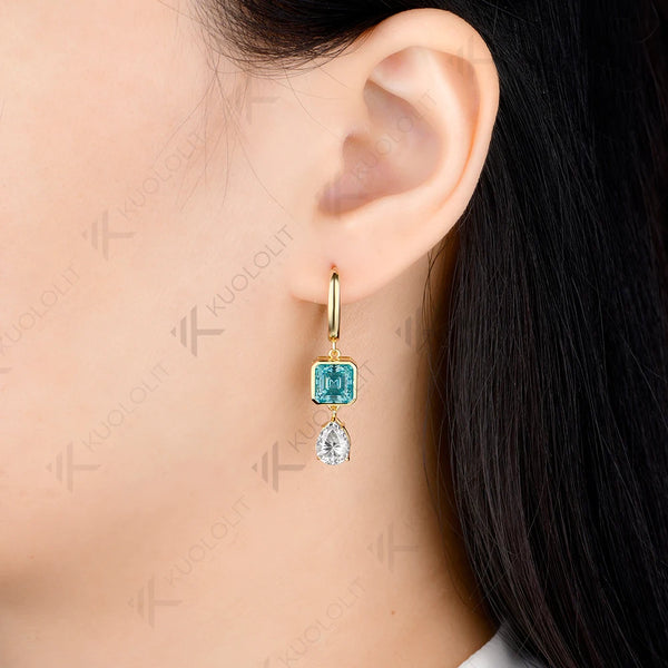 Kuololit 6.5CTW Cyan Moissanite Pear Asscher Cut Custom Earrings for Women Solid 14K 10K Yellow Gold Hoop Earrings for Christmas