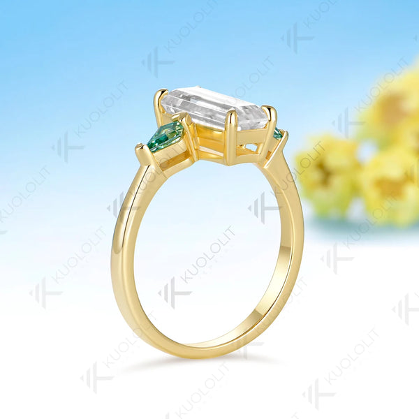 Kuololit 2.2CTW Emerald Cut Moissanite  Ring for Women Solid 14K 10K 585 Yellow Gold Engagement Ring for Christmas Gift Party