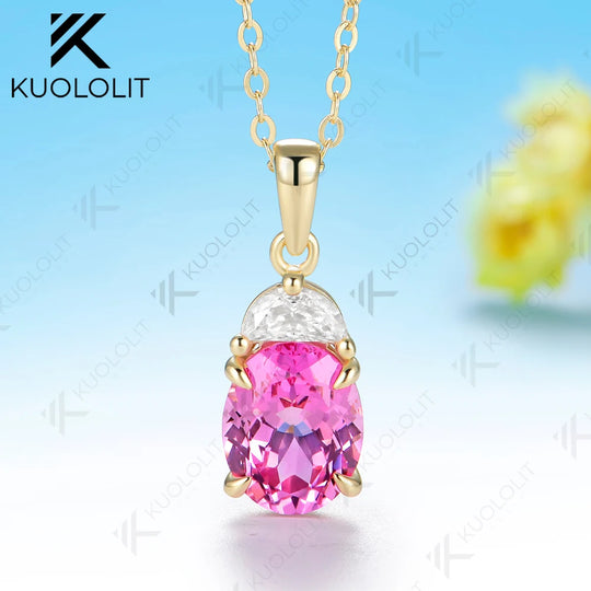 Kuololit 3CT Lab Pink Sapphire Custom Set Necklace for Women Solid 14K 10K 585 Yellow Gold Necklace for Christmas Gifts Party
