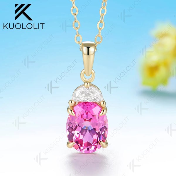 Kuololit 3CT Lab Pink Sapphire Custom Set Necklace for Women Solid 14K 10K 585 Yellow Gold Necklace for Christmas Gifts Party