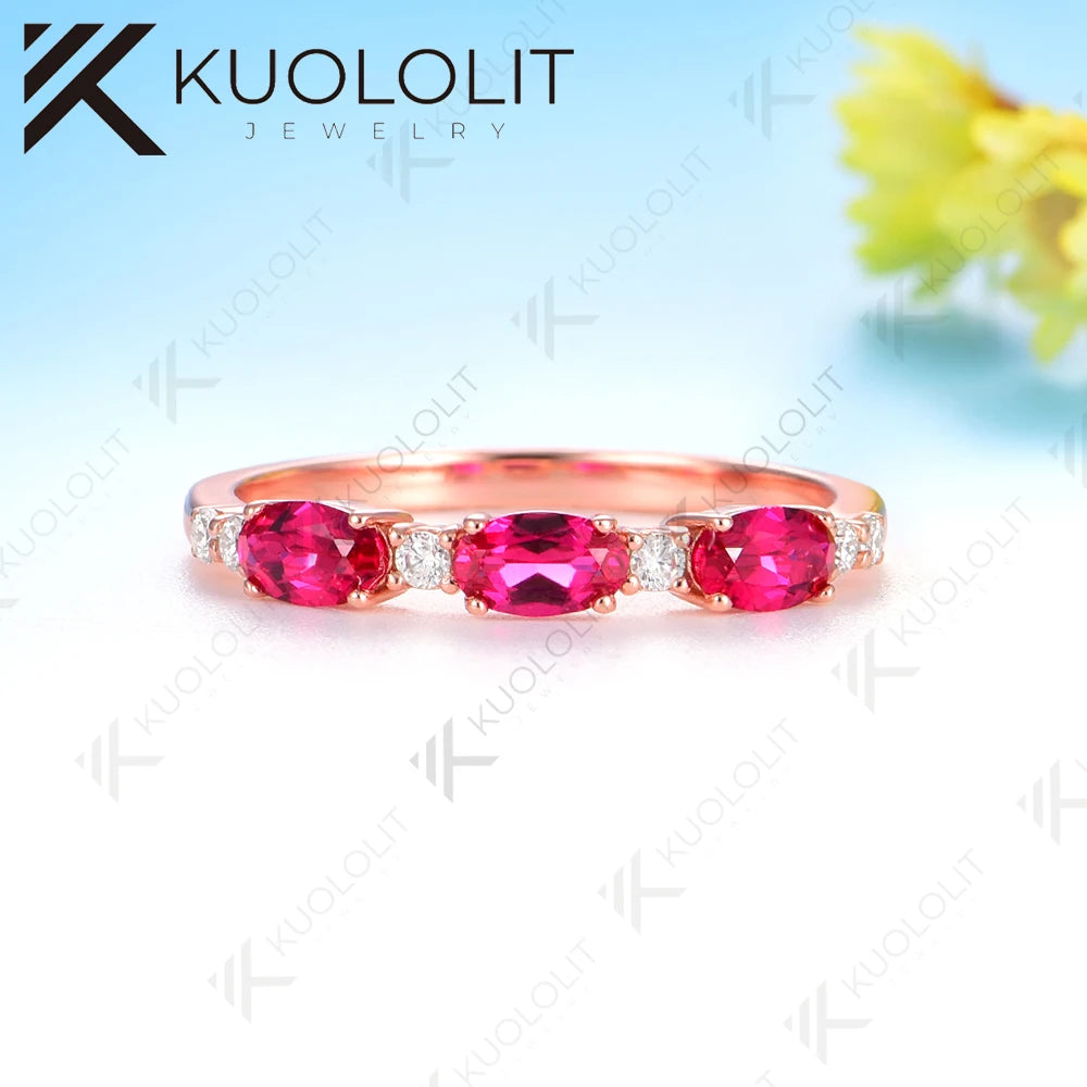 Kuololit 1CTW Lab Grown Ruby Moissanite Ring for Women Solid 10K 14K Rose Gold Gemstone Ring for Wedding Christmas Gifts Party