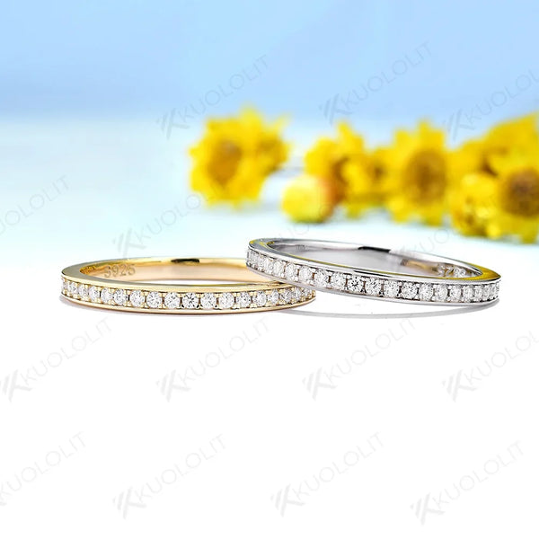 Kuololit Moissanite Width 2mm Wedding Band Rings for Women Men 925 Sliver Sterling Yellow Gold Wedding Band Round Cut for Anniversary Christmas
