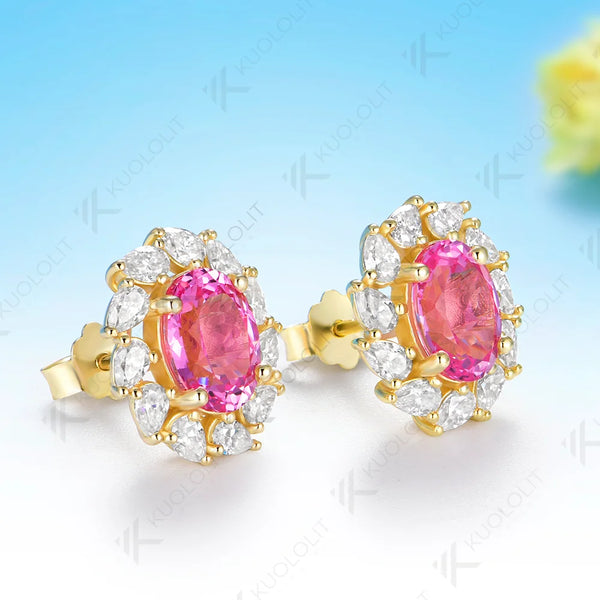 Kuololit 3.6CTW Lab Pink Sapphire Custom Stud Earrings for Women Solid 14K 10K 585 Yellow Gold Pear Cut for Christmas Gift Party