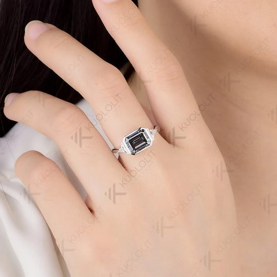 Kuololit 3CT Gray Blue Moissanite Ring for Women Solid14K10K 585 White Gold Emerald Cut Engagement Ring for Christmas Gift Party
