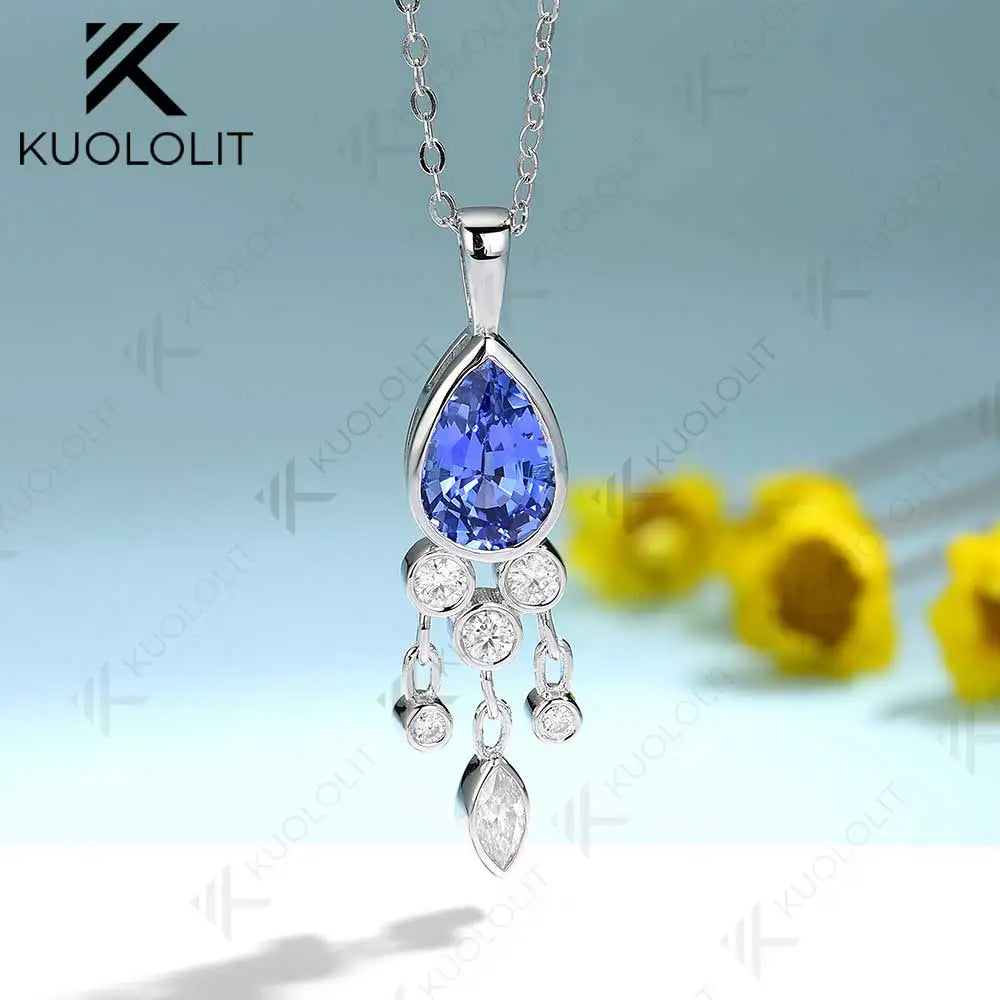 Kuololit 1.6CT Lab Grown Blue Sapphire and Moissanite Necklace for Women Solid 18K 14K 10K 585 Yellow Gold Pendant for Christmas