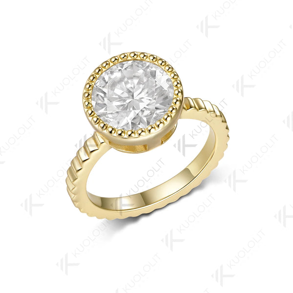 Kuololit 4CT Moissanite Round Cut Custom Ring for Women  Solid 14K 10K Yellow Gold Bezel Set Ring for Anniversary Christmas Gift