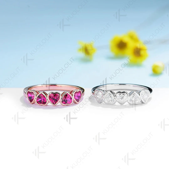 Kuololit 2.3CTW Lab Grown Ruby Heart Cut Band Ring for Women Solid10K 14K 18K Rose Gold Gemstone Ring for Wedding Christmas Gift