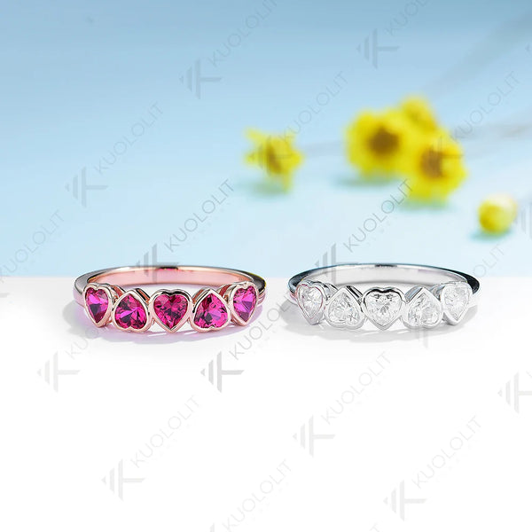 Kuololit 2.3CTW Lab Grown Ruby Heart Cut Band Ring for Women Solid10K 14K 18K Rose Gold Gemstone Ring for Wedding Christmas Gift
