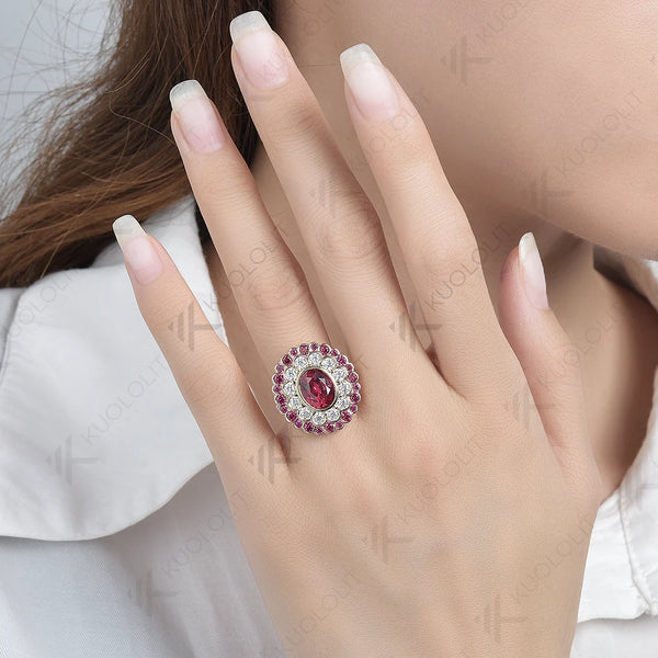 Kuololit 3CT Lab Grown Ruby with Moissanite Rings for Women Olid 14K 10K 585 White Gold Silver for Engagement Wedding Christmas