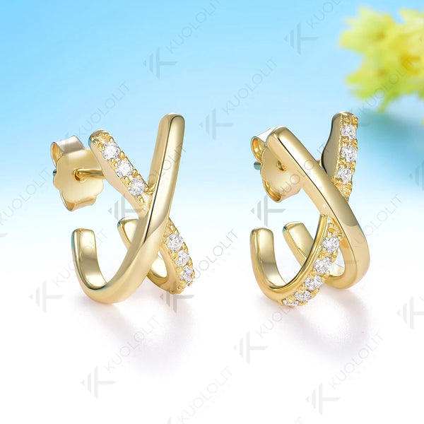 Kuololit 0.28CTW Lab Grown Diamonds Cross Stud Earrings Solid 14K 10K 585 Yellow Gold X Earrings for Christmas Gift Party Luxury