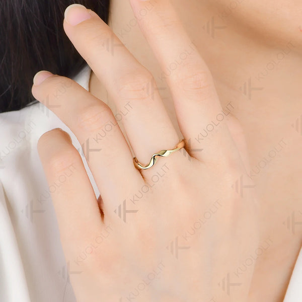 Kuololit Bare Metal and Stone Ring for Women Soild 10K 14K Yellow Gold Ring Twist Ribbon Wedding Band for Engagement Christmas Gifts Simple