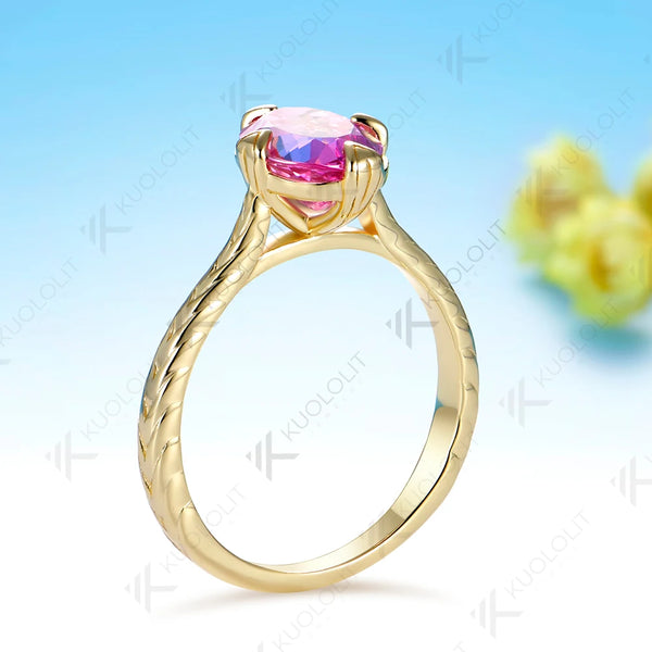 Kuololit 2CT Lab Grown Pink Sapphire Custom Ring for Women Solid 14K 10K Yellow Gold Oval cut for Anniversary Christmas Gift