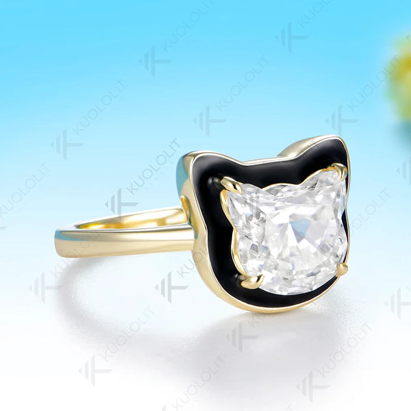 Kuololit 3CT Moissanite Black Enamel Ring for Women Solid 14K 10K 585 Yellow Gold Cat Cut Custom Ring for Christmas Gift Party