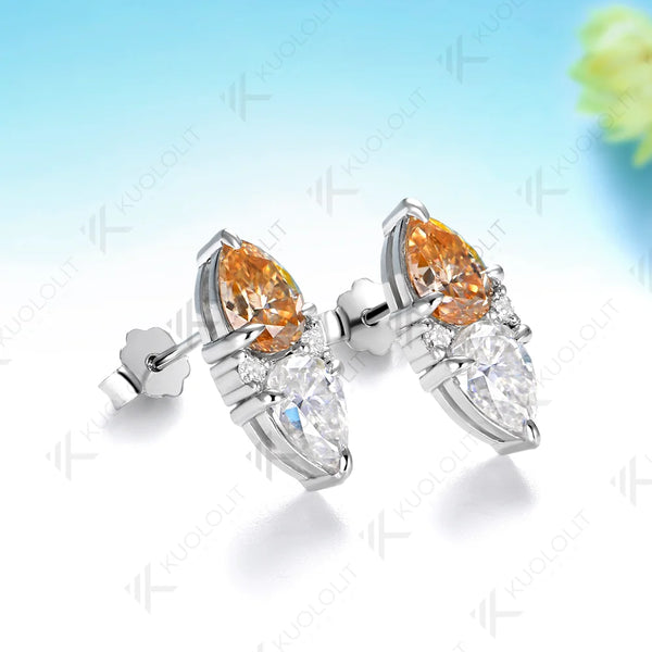 Kuololit 5CTW Champagne Moissanite Custom Stud Earrings for Women Solid 14K 10K 585 Yellow Gold Pear Cut for Christmas Gifts
