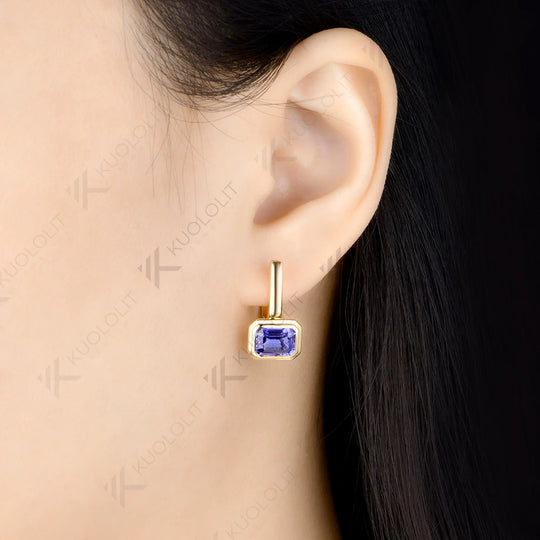 Kuololit 4CTW  Lab Grown Blue Sapphire Earrings for Women Solid 14K 10K Yellow Gold Hoop Clip Earrings for Christmas Gifts Party