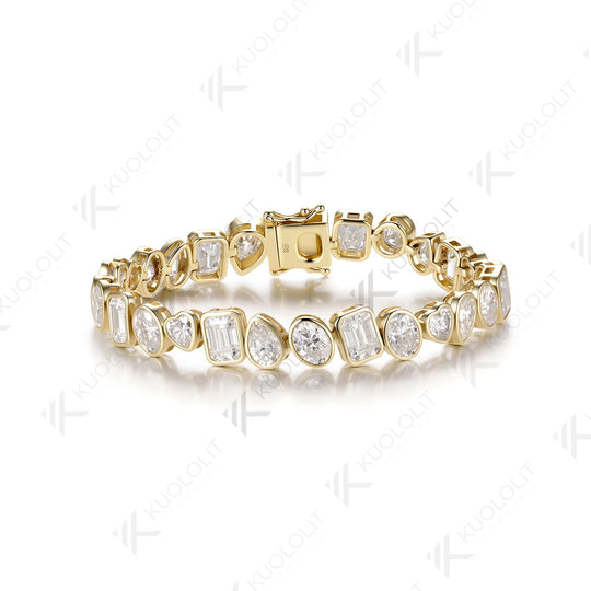 Kuololit 26.5CTW Heart Oval Pear Emerald Cut Moissanite Custom Bracelet for Women Men 14K 10K 585 Yellow Gold for Christmas Gift