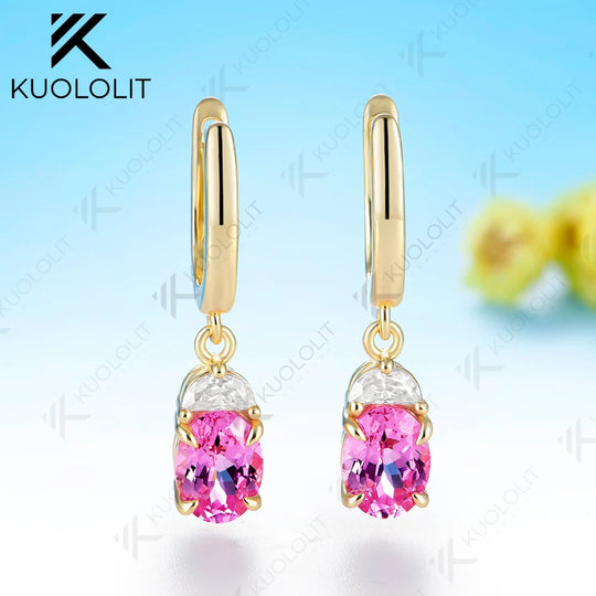 Kuololit 3CTW Lab Grown Pink Sapphire Custom Stud Earrings for Women Solid 14K 10K 585 Yellow Gold Oval Cut for Christmas Gifts