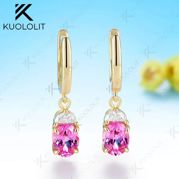 Kuololit 3CTW Lab Grown Pink Sapphire Custom Stud Earrings for Women Solid 14K 10K 585 Yellow Gold Oval Cut for Christmas Gifts