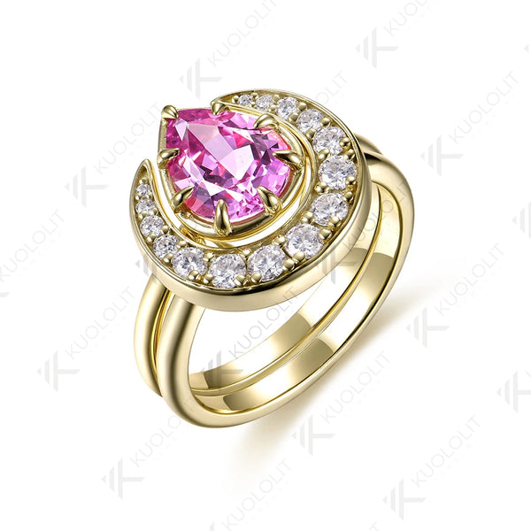 Kuololit 2.2CT Lab Grown Pink Sapphire Set Ring for Women Solid 14K 10K Yellow Gold Ring for Anniversary Christmas Gift Custom