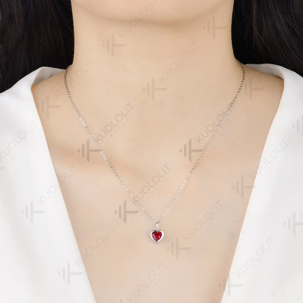 Kuololit 0.8CT Lab Grown Ruby Heart Cut Necklace for Women Solid 585 14K 10K Yellow Gold Necklace for Engagement Christmas Gifts