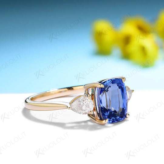Kuololit 3CT Cushion Lab Grown Blue Sapphire Rings for Women Moissanite Solid 14K 10K 585 Gold for Engagement Wedding Christmas
