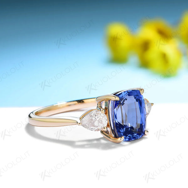 Kuololit 3CT Cushion Lab Grown Blue Sapphire Rings for Women Moissanite Solid 14K 10K 585 Gold for Engagement Wedding Christmas