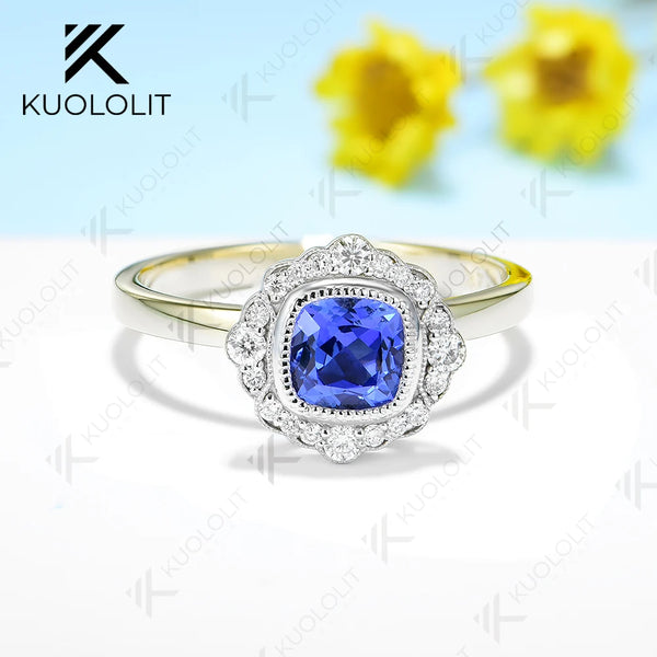 Kuololit 1CT Cushion Lab Blue Sapphire Ring for Women Solid 18K 14K 10K 585 Yellow Gold Moissanite Engagement Ring for Christmas