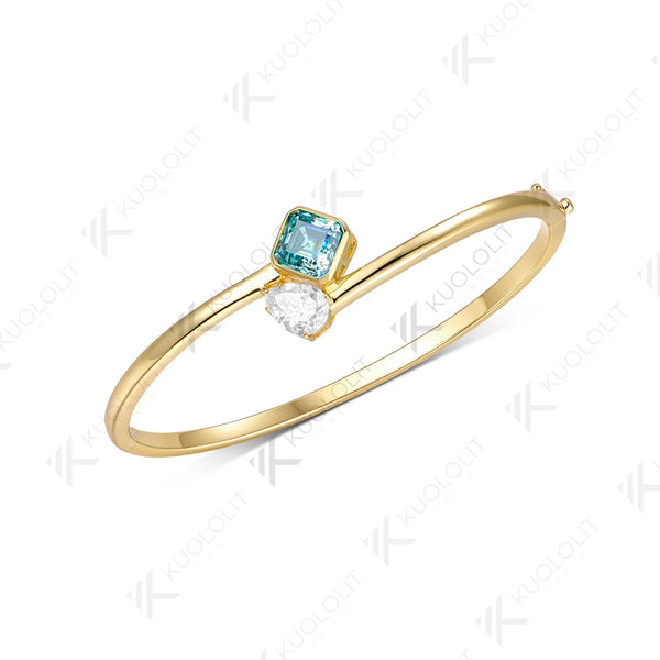 Kuololit 3.2CTW Cyan Moissanite Pear Asscher Cut Bangle for Women Solid 10K Yellow Gold Pear Bangle for Trendy Christams Gifts