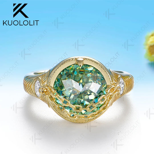 Kuololit 4CT Cyan Moissanite Jubilee Cut Custom Ring for Women Solid 14K 10K 585 Gold Engagement Chain Ring for Christmas Gifts