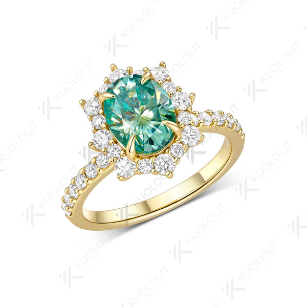 Kuololit 2CT Cyan moissanite Oval Ring for Women Solid 14K 10K 585 Yellow Gold Oval Cut Ring for Engagement Christmas Gifts