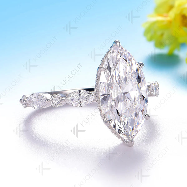 Kuololit 3CT Marquise Moissanite Ring for Women Solid 14K 10K 585 White Gold Engagement Ring for Christmas Gifts Engagement