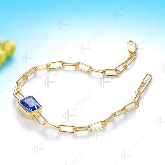 Kuololit 3.6CTW Lab Grown Sapphire Bracelet for Women Solid 14K 10K Yellow Gold Emerald Cut for Christmas Party Luxury Gifts