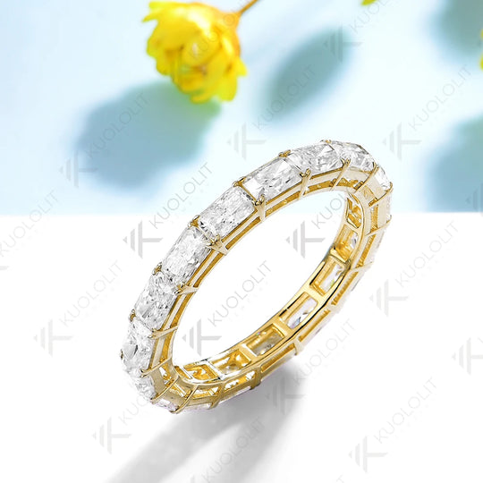 Kuololit 4.3CTW Radiant Moissanite Rings Set Ring for Women Solid 14K 10K 585 Yellow Gold Eternity Full Band for Christmas Gifts