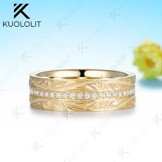 Kuololit 0.55CTW Moissanite 7mm Wedding Band Ring for Men Women Solid 14K 10K Yellow Gold