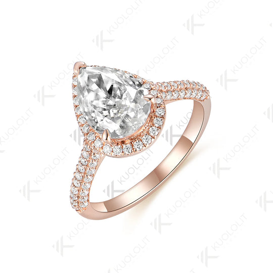 Kuololit 2CT Crushied Ice Cut Pear Moissanite Ring for Women Solid 14K 10K 585 Yellow Gold Halo for Engagement Wedding Christmas
