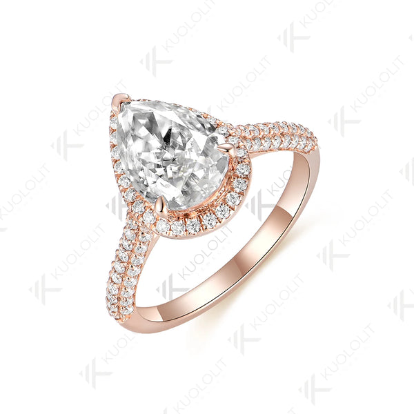Kuololit 2CT Crushied Ice Cut Pear Moissanite Ring for Women Solid 14K 10K 585 Yellow Gold Halo for Engagement Wedding Christmas