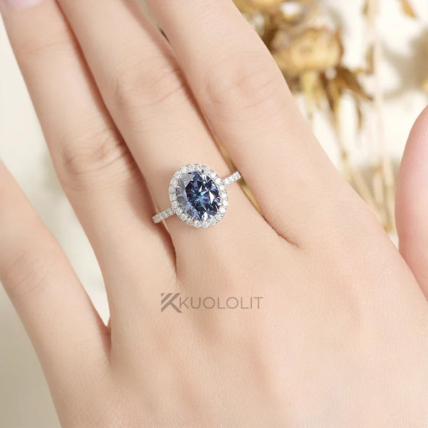 Kuololit 3CT Blue Moissanite Ring for Women Solid 14K 10K Yellow Gold Origanal Blue Color Oval Ring for Engagement Christmas