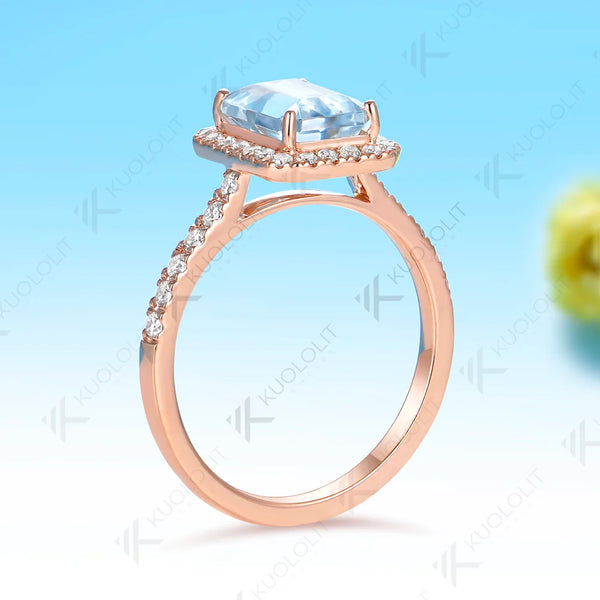 Kuololit 2CT Natural Aquamarine Lab Grown Diamonds Custom Ring for Women Solid 14K 10K 585 Yellow Gold for Christmas Gifts Party