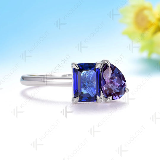Kuololit 2CTW Lab Grown Alexandrite Blue Sapphire Solid 14K 10K Gold Gemstone Engagement Rings for Christmas Anniversary Party