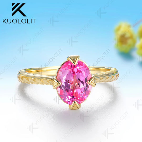 Kuololit 2CT Lab Grown Pink Sapphire Custom Ring for Women Solid 14K 10K Yellow Gold Oval cut for Anniversary Christmas Gift