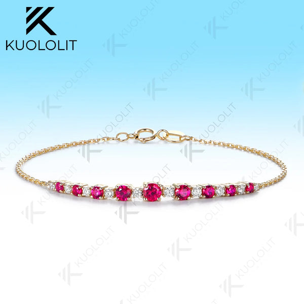 Kuololit 1CTW Lab Ruby Diamond Bracelet for Women Solid 14K 10K Yellow Gold Adjustable Chains for Christmas Party Luxury Party