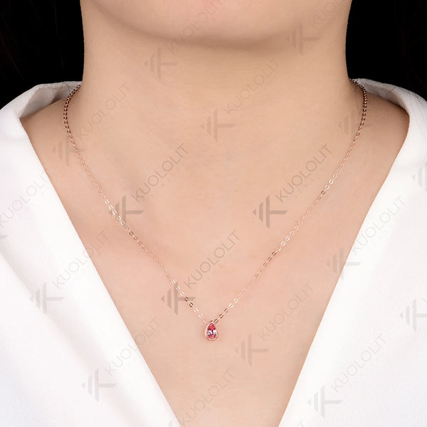 Kuololit 0.5CT Pink Sapphire Necklace for Women Men Solid 585 14K 10K Gold Pear Chain for Engagement Christmas Gifts Party