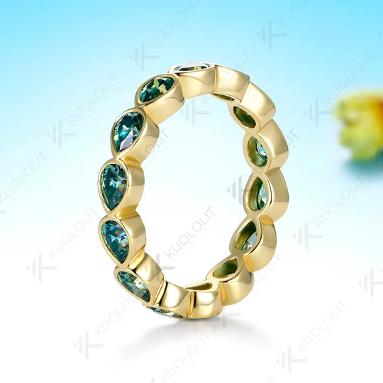 Kuololit 4.2CTW Cyan Moissanite Custom Band for Women Solid 14K 10K  Yellow Gold Pear Cut Engagement Ring for Christmas Gifts