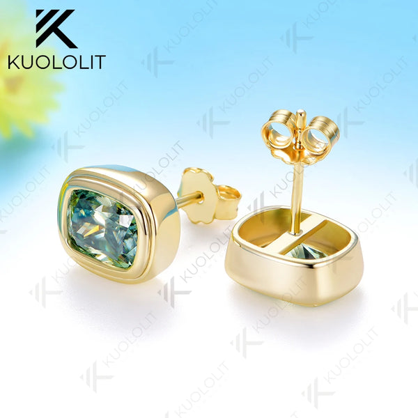 Kuololit 3CTW Cyan Moissanite Custom Stud Earrings for Women Solid 14K 10K 585 Yellow Gold Stud Earrings for Party Christmas